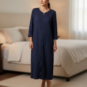 Miss Elaine Navy Blue Waffle Knit Zip Front Robe Housecoat 3/4 Sleeve Small